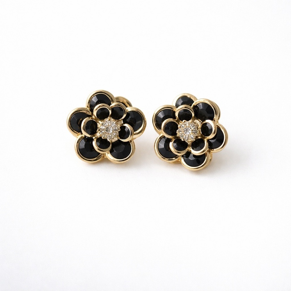 Statement Bloom Black and Gold Crystal Earrings (7721)